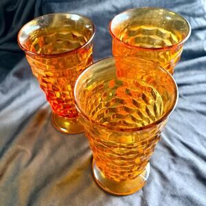 Indiana Whitehall Colony Cubist Amber Glass Footed Iced Tea Tumbler Set of 3 VTG